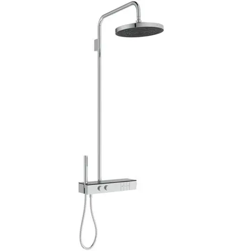 Duschsystem mit Brausethermostat in Chromoptik von Ideal Standard, bestehend aus einer Kopfbrause, Handbrause und Thermosäule zur Regulierung der Wassertemperatur.